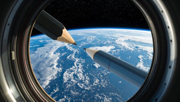 Close-up of a pencil and a metallic space pen floating in zero gravity in a spacecraft cabin, Earth visible through porthole, soft ambient light,