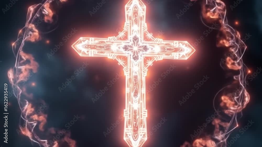 Poster illuminated christian cross with abstract energy flow animation background