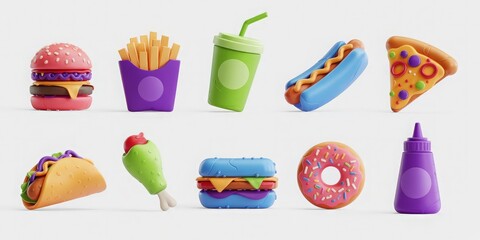 Set of 10 3D fast food icons on a white background, ideal for food delivery apps, restaurant menus