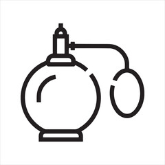 Perfume bottle outline vector icon. Simple black and white line art illustration of a vintage atomizer. Symbol for fragrance, scent, beauty, and luxury.
