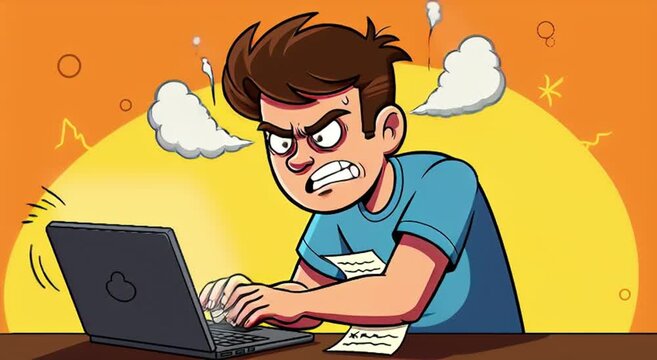 Angry Man Overwhelmed by Work Stress, Frantically Typing on Laptop with Steam