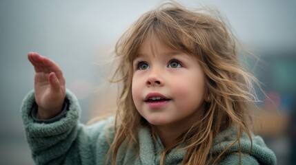 A young girl with blond hair gestures toward the soft focus backdrop, eyes full of wonder. Her expression is one of gentle curiosity and wonder. Capturing a moment of innocence.