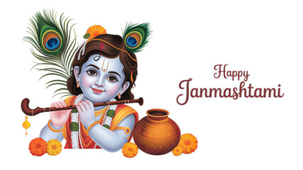 Krishna Janmashtami festival illustration of child Krishna isolated.