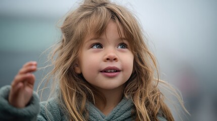 A candid portrait captures the innocent and hopeful gaze of a young child. Her long, flowing hair frames a face filled with wonder, her eyes reflecting an untold story, with a muted, misty backdrop.