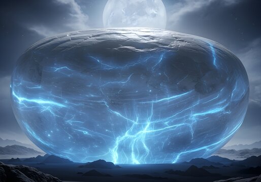 Mystical sphere of energy with glowing blue cracks radiating power under a soft moonlit sky landscape