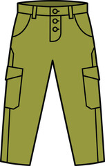 Cargo pants flat vector illustration, technical fashion design, CAD style trouser drawing, olive green pants, button front, utility pocket trousers, garment blueprint vector