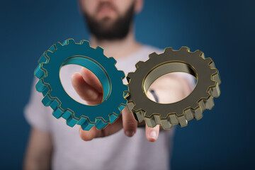 Image of two gears interacting, symbolizing teamwork, collaboration, and synergy in business.