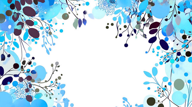 An artistic frame of delicate blue and purple branches and leaves, with abstract bubbles and splatters, surrounds a white central space for text or design