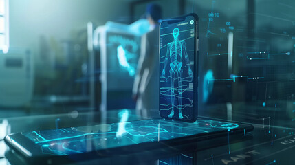 AI in medical health care technology. Medicine, healthcare and artificial intelligence app in phone. Doctor diagnosis, science research or hospital surgeon tech in the future. Patient scan innovation