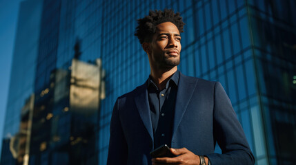 Confident Businessman in Modern Cityscape with Glass Skyscrapers at Sunset