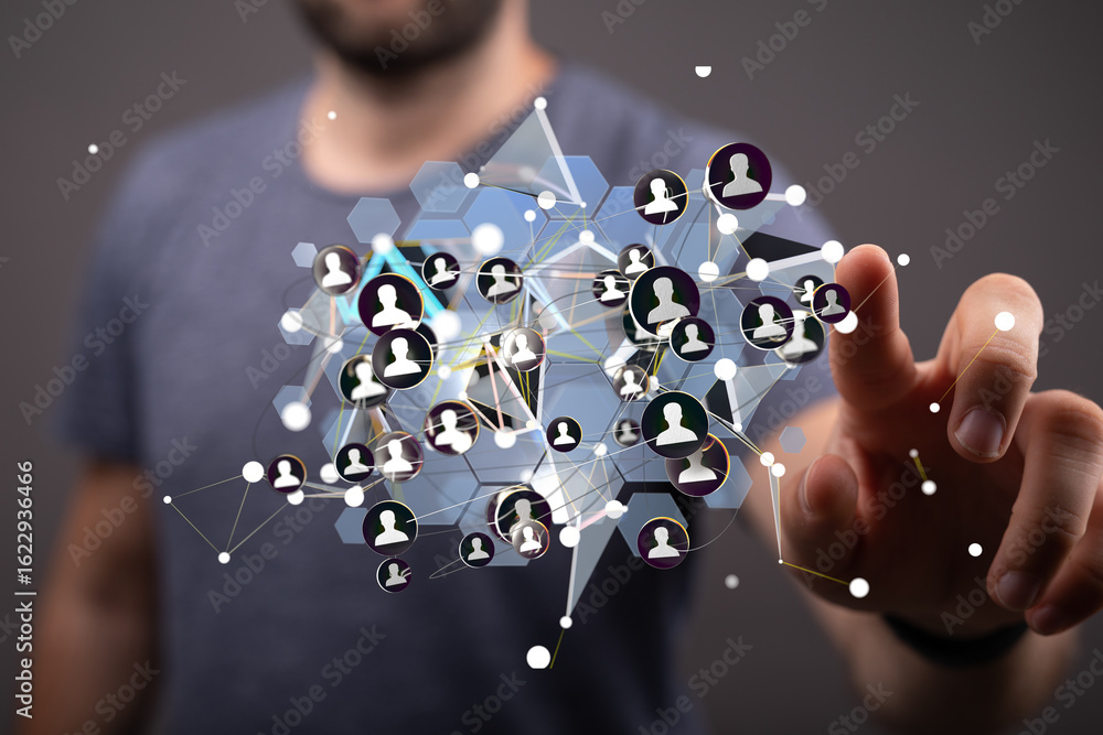 Poster image of a person interacting with a digital network visualization, showing connections and social m