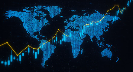 world map and binary code, Financial market digital graph with blue neon bars and yellow lines on dark virtual background, showing stock growth and currency exchange concept. 3D Rendering