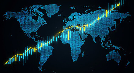 world map and binary code, Financial market digital graph with blue neon bars and yellow lines on dark virtual background, showing stock growth and currency exchange concept. 3D Rendering