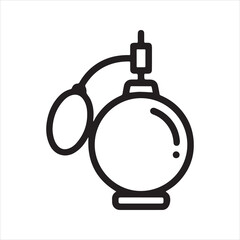 Perfume bottle outline vector icon. Simple black and white line art illustration of a vintage atomizer. Symbol for fragrance, scent, beauty, and luxury.
