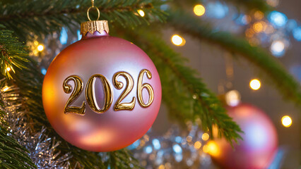 Pink Christmas Ornament with Golden 2026 Lettering. Stylish Pink Holiday Bauble with Gold Text. Elegant Pink and Gold Christmas Ball Close-Up. Shiny Pink Ornament with Year 2026 Decoration.