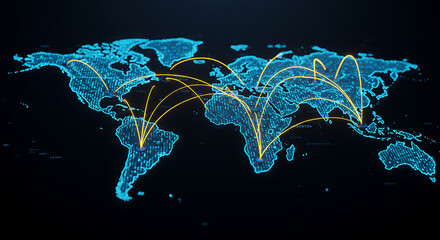 world map and binary code, Financial market digital graph with blue neon bars and yellow lines on dark virtual background, showing stock growth and currency exchange concept. 3D Rendering