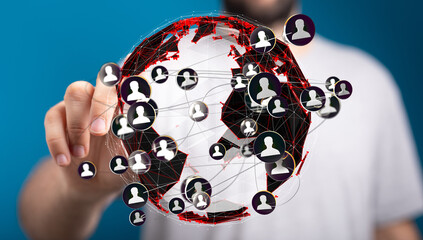 Visual representation of worldwide networking, social media connections, and global communication.