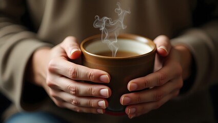 Warm Cup of Steaming Beverage Held Gently in Caring Hands