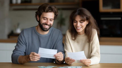 Happy Couple Reading Financial Documents Together at Home for Financial Planning and Budgeting Success