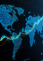world map and binary code, Financial market digital graph with blue neon bars and yellow lines on dark virtual background, showing stock growth and currency exchange concept. 3D Rendering