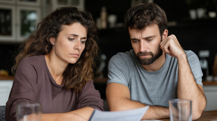 Concerned Couple Reviewing Financial Documents in Modern Home for Stress and Financial Planning Concept
