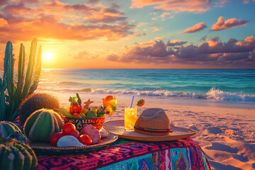 Tropical beach sunset with refreshing drinks and desert cacti