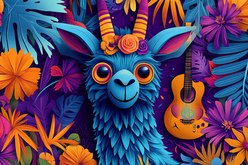 Vibrant blue llama with guitar amongst tropical flowers