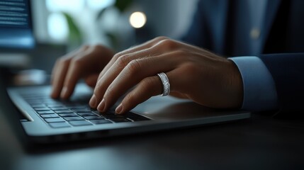 Elegant Hands Typing on Laptop with Diamond Ring Detail in Office