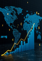 world map and binary code, Financial market digital graph with blue neon bars and yellow lines on dark virtual background, showing stock growth and currency exchange concept. 3D Rendering
