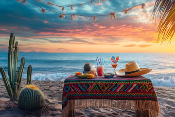 Romantic beach dinner fiesta under sunset sky with cacti