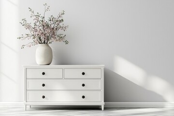 White chest of drawers with vase and bouquet of flowers on right side against light gray wall, front view for digital marketing campaign