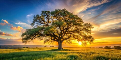 Fototapeta premium Serene Sunset Landscape Featuring a Majestic Oak Tree in a Vibrant Meadow