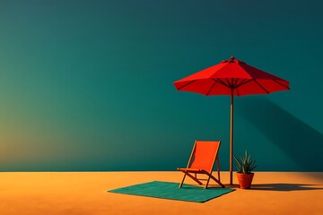 Bright Orange Sun Umbrella With Peach Lounge Chair On White Surface