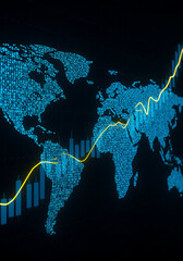 world map and binary code, Financial market digital graph with blue neon bars and yellow lines on dark virtual background, showing stock growth and currency exchange concept. 3D Rendering