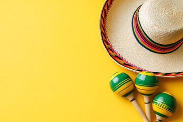 Traditional mexican sombrero and maracas on a vibrant yellow background