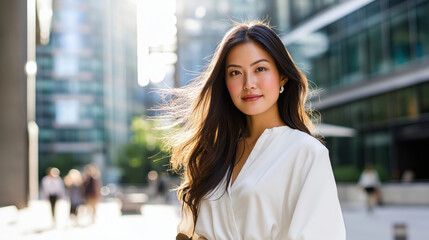 Stylish Young Asian Woman in Urban Business District with Modern Architecture and Natural Lighting