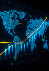world map and binary code, Financial market digital graph with blue neon bars and yellow lines on dark virtual background, showing stock growth and currency exchange concept. 3D Rendering