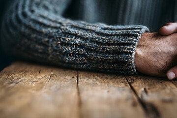 Quiet Contemplation: A person in a cozy grey sweater rests their hands on a weathered wooden table, inviting viewers to a scene of inward reflection. 