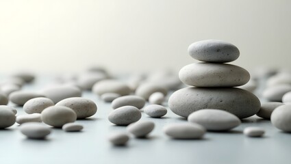 Arrangement of smooth gray pebbles on a light surface creating a peaceful and balanced scene