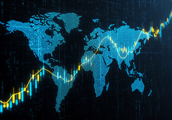 world map and binary code, Financial market digital graph with blue neon bars and yellow lines on dark virtual background, showing stock growth and currency exchange concept. 3D Rendering
