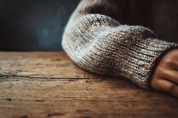 Warm Comfort and Texture: A close-up shot highlights the soft texture of a cozy sweater worn over an arm resting on a weathered wooden surface, evoking feelings of warmth and relaxation.