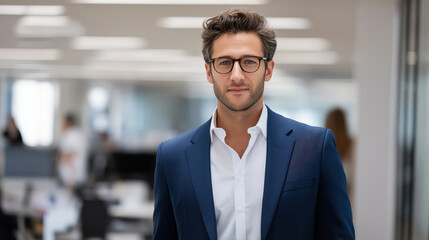 Confident Businessman in Modern Office Environment Wearing Formal Suit and Glasses