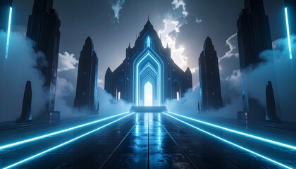 Obraz premium Futuristic Building with Glowing Entrance and Neon Lights at Night