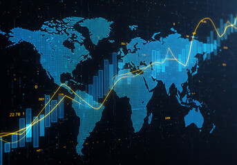 world map and binary code, Financial market digital graph with blue neon bars and yellow lines on dark virtual background, showing stock growth and currency exchange concept. 3D Rendering
