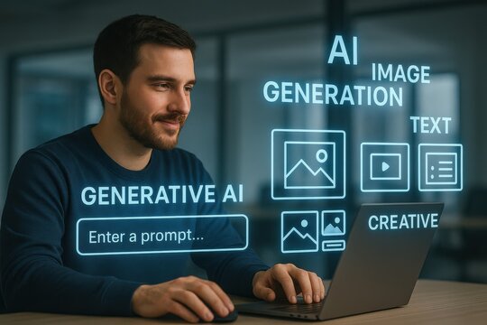 Man using generative AI platform to create images and text content with prompt input on futuristic interface

