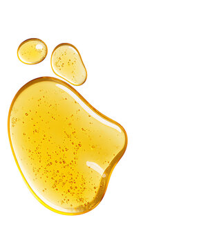 Yellow texture of a drop of whey or olive oil on a white background. Transparent sample of cosmetic gel with bubbles. Golden acid cream. Vitamin c. A drop of honey. Hyaluronic acid. 