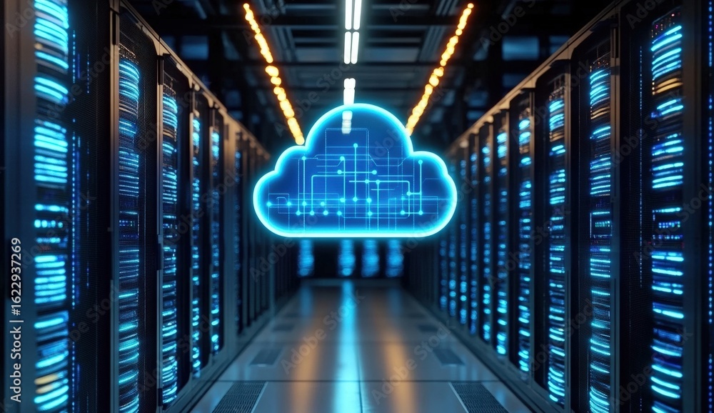 Aufkleber a futuristic server room with glowing racks and a prominent cloud symbol, representing cloud computi