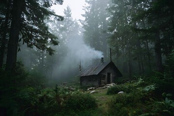 Cozy cabin retreat nestled in a serene misty forest - perfect for an idyllic escape to nature's peaceful embrace on a quiet day