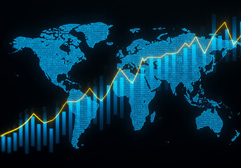 world map and binary code, Financial market digital graph with blue neon bars and yellow lines on dark virtual background, showing stock growth and currency exchange concept. 3D Rendering