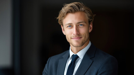 Confident Young Businessman in Formal Suit Smiling in Corporate Office Setting